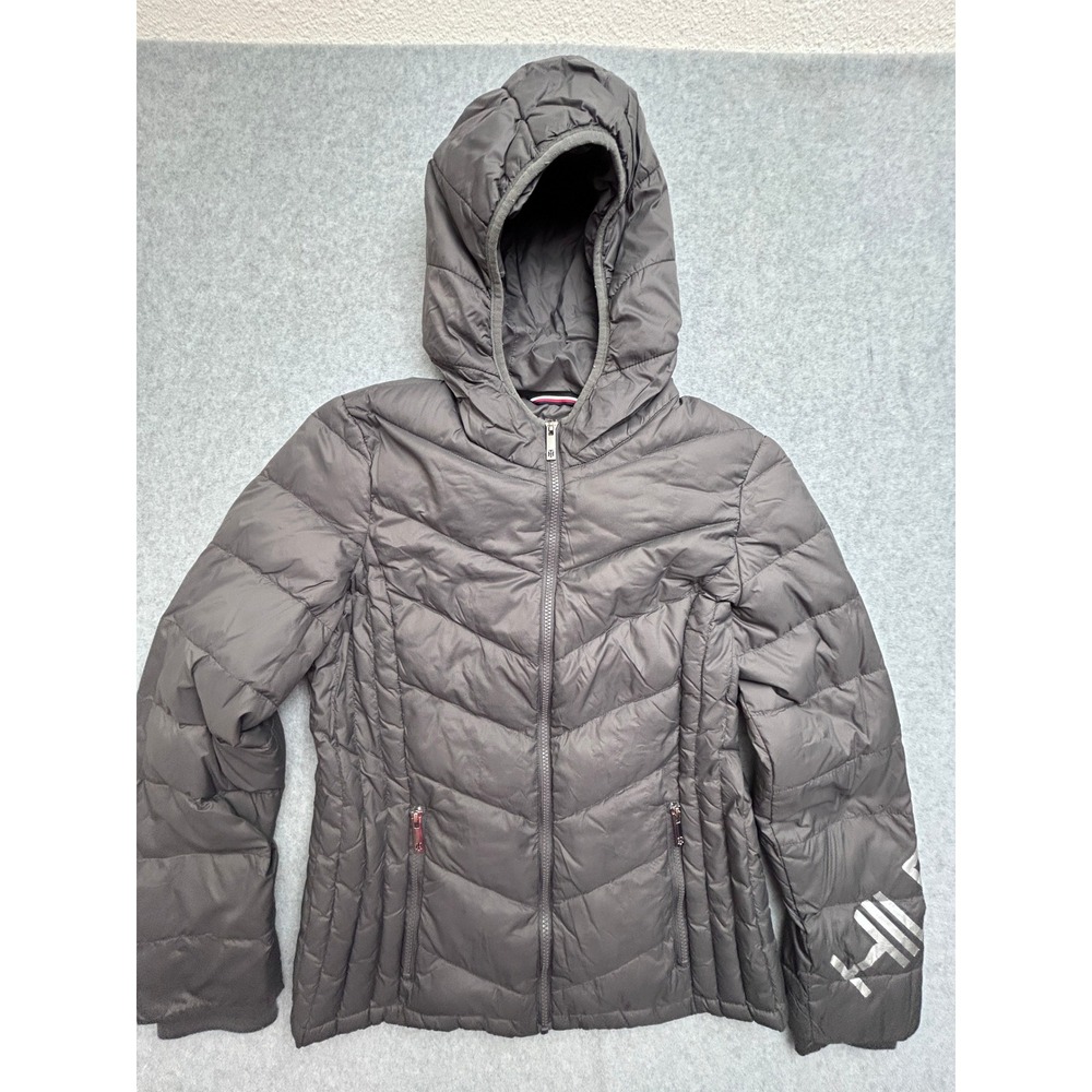 Tommy Hilfiger Womens Natural Down Packable Puffer Jacket Gray Hooded Puffer